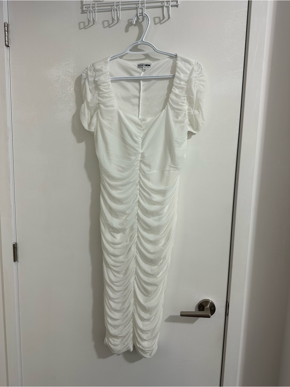 Fashion Nova White Ruched Midi Dress with Puff Sleeves
